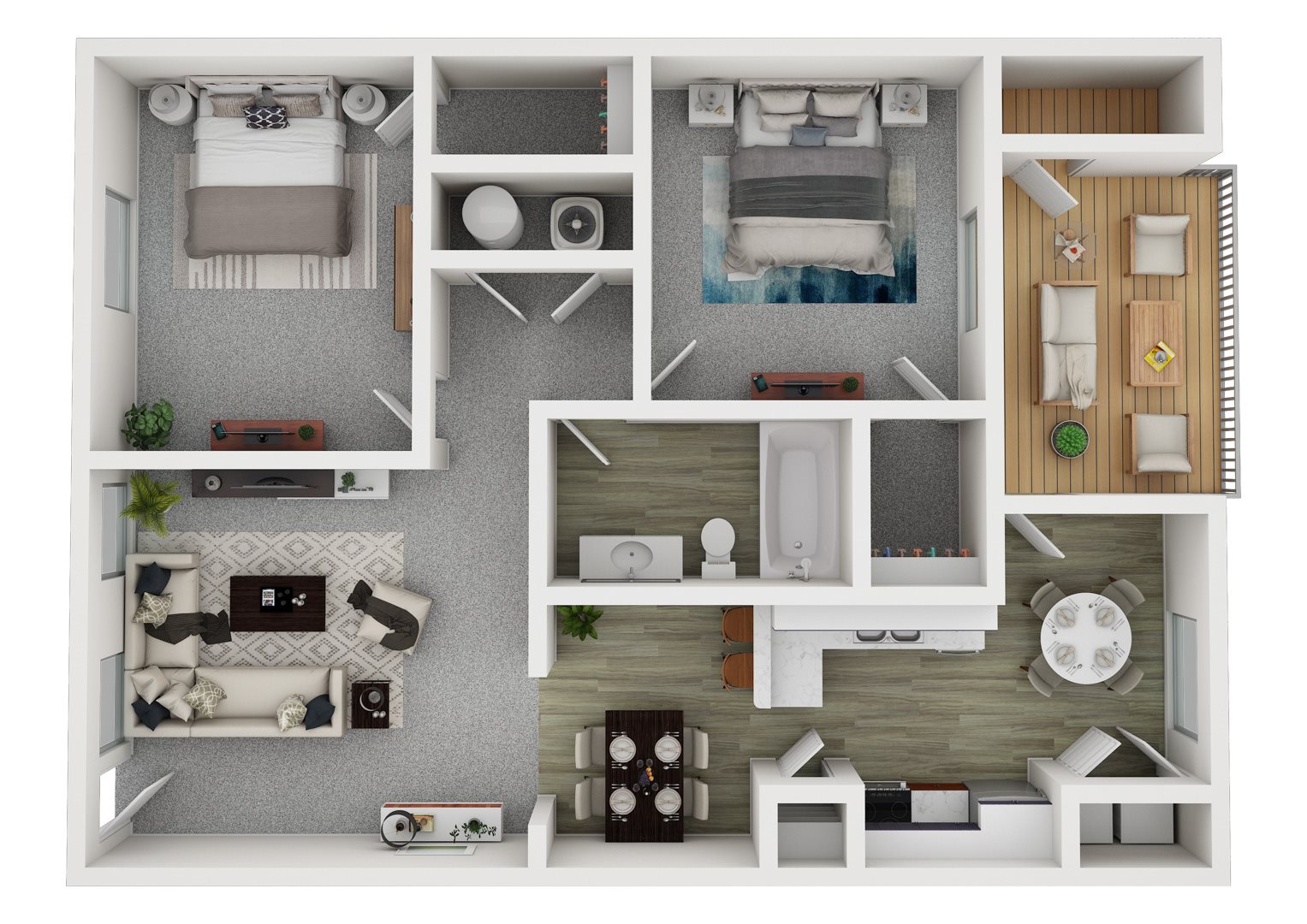 Willow River Ridge Willow Floorplan, a 2-bedroom apartment with a kitchen, living room and deck with built-in washer and dryer.